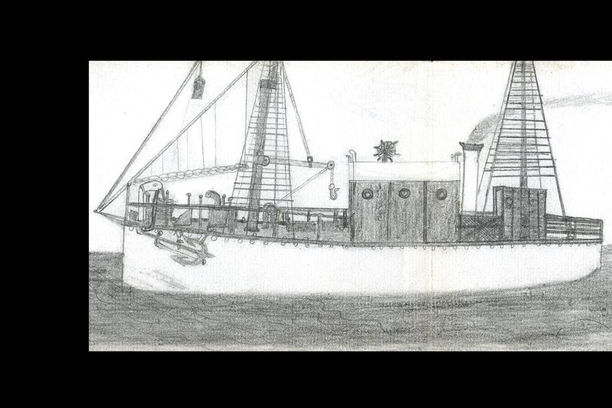 A moving two-masted ship is shown.