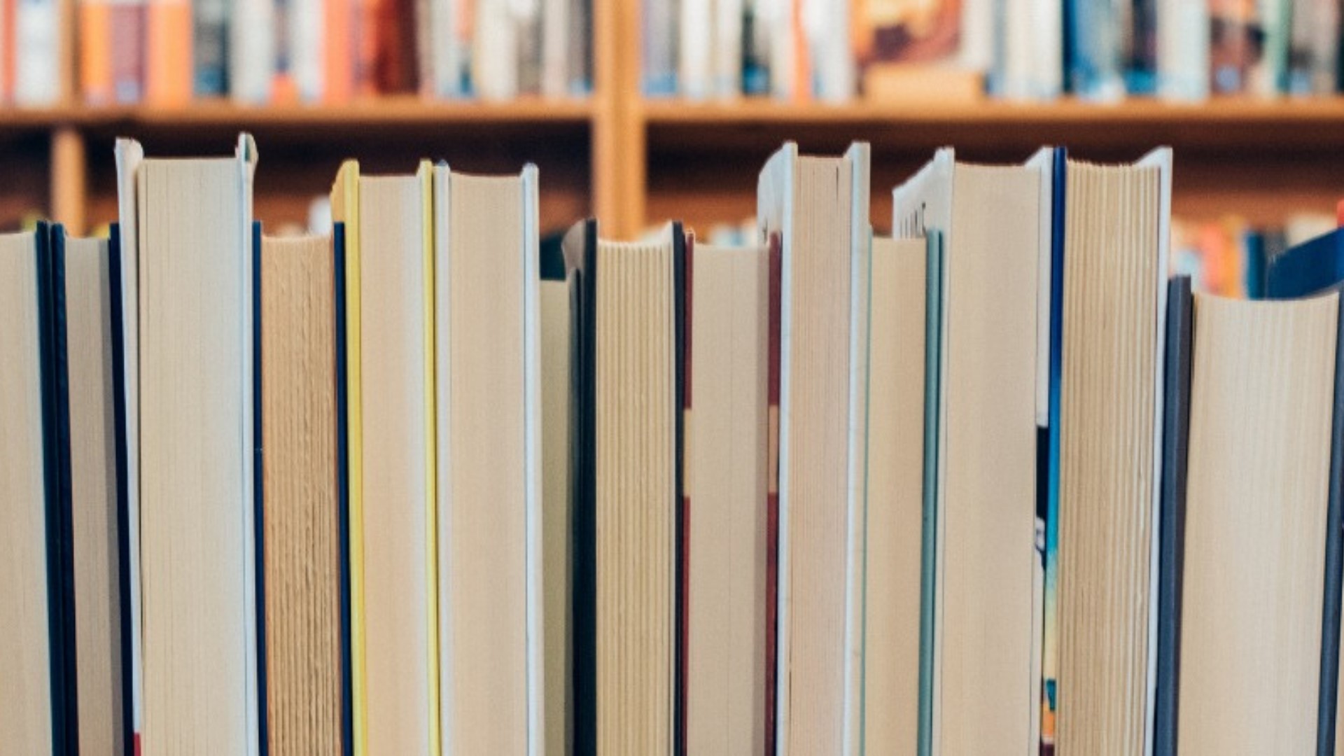 Shelf of books all in varying sizes with the spine of the book facing away from the camera. 