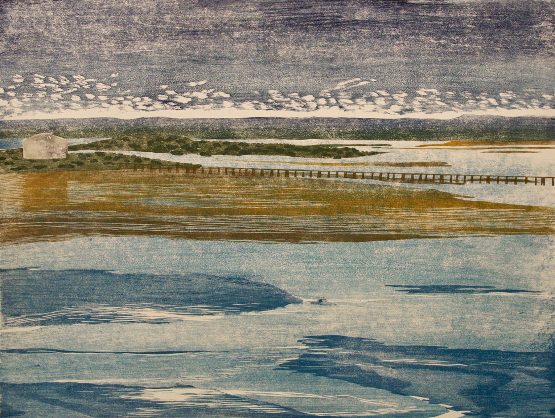Print with multiple colours present on it. Scenery of a harbour front with a pier running through the top-middle half of the print. 