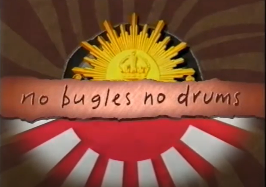 Main slide for the documentary. Slide split into two with Japanese imperial flag at the bottom, with Australian army shield at the top. Middle of slide has a banner with film title in the middle. 
