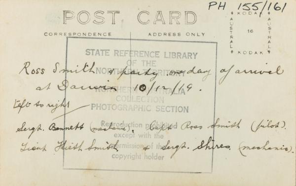 Text on reverse: Ross Smith & party on day of arrival at Darwin 10/12/19. Left to right Sergt Bennett (mechanic), Capt Ross Smith (pilot), Lieut Kieth Smith & Sergt. Shires (mechanic).
