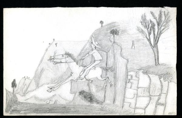 A horseman leaping from a cliff at full gallop. Trees, hills, cliffs in the background.